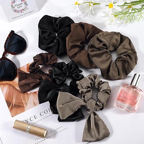 Miniatura 6 de 6 coleteros de seda satinada para mujeres y niñas, coleteros grandes para cabello grueso, rizado, largo, color marrón y negro, bandas elásticas
