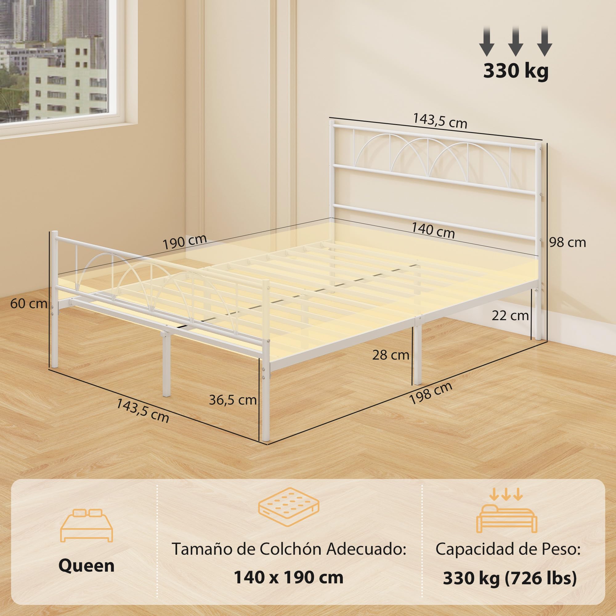 HOMCOM Cama Matrimonio 140x190 cm Estructura Acero Cabecero Almacenamiento Blanco
