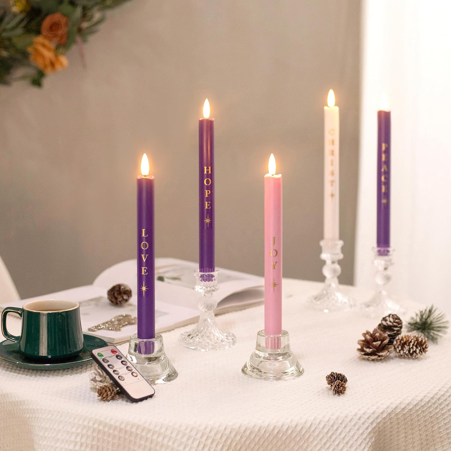 Stmarry Flameless Advent Candles Battery Operated, Advent Candles Set of 5, 10 Inch Tall, Realistic 3D Flames and Remote Control, Electric LED Candle Set for Advent Wreath