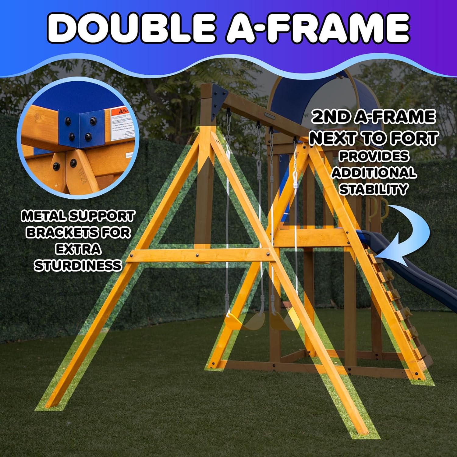 Sportspower 8-in-1 Lakeview Outdoor Cedar Wooden Swing Set: Belt Swings, Trapeze Play Fort with Play Kitchen, Bench & Rock Climber Ladder and Slide - Blue and Yellow