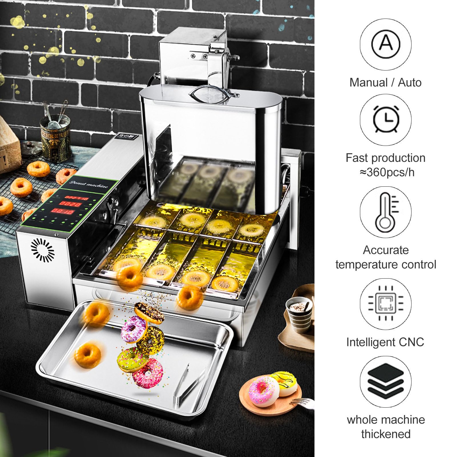 ERoomQ Commercial Automatic Donut Maker Machine,Adjustable Thickness,5.5L Stainless Steel Hopper,360pcs/h,Auto Flip