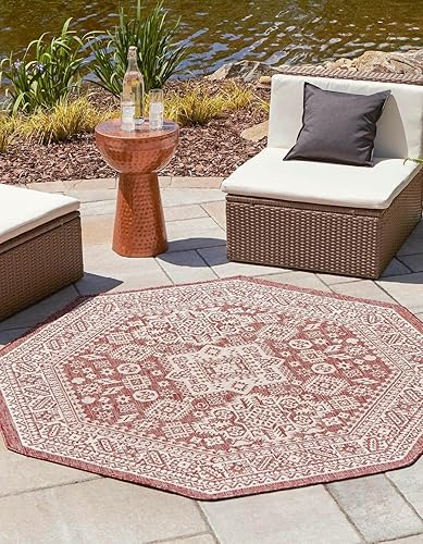 Unique Loom Outdoor Aztec Collection Alfombra de área, chalca (5 pies 3 pulgadas, octágono, rojo óxidomarfil)