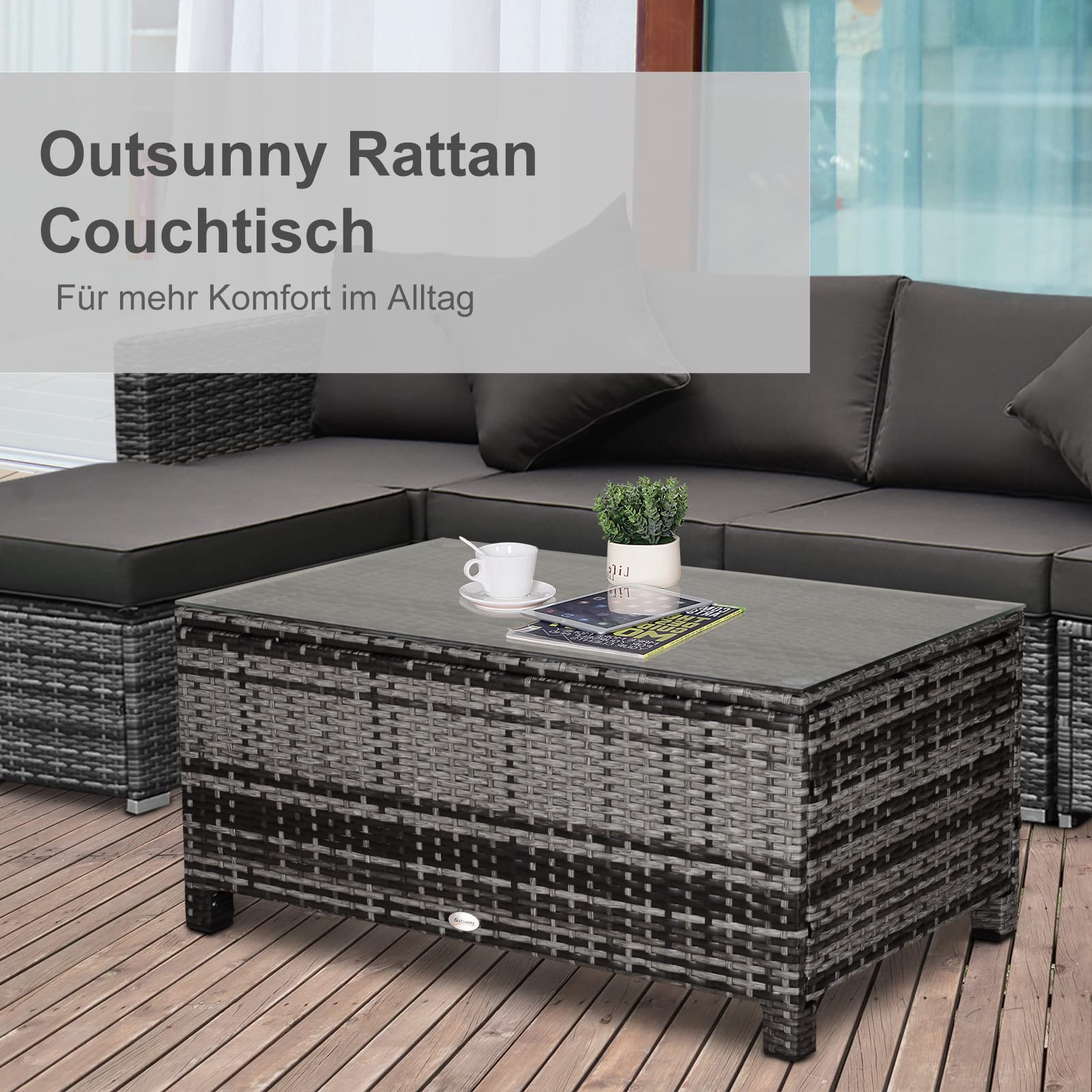 Outsunny Stolik boczny rattanowy ogrodowy Szary 85x50x39 cm | Stolik kawowy, ogrodowy, balkonowy