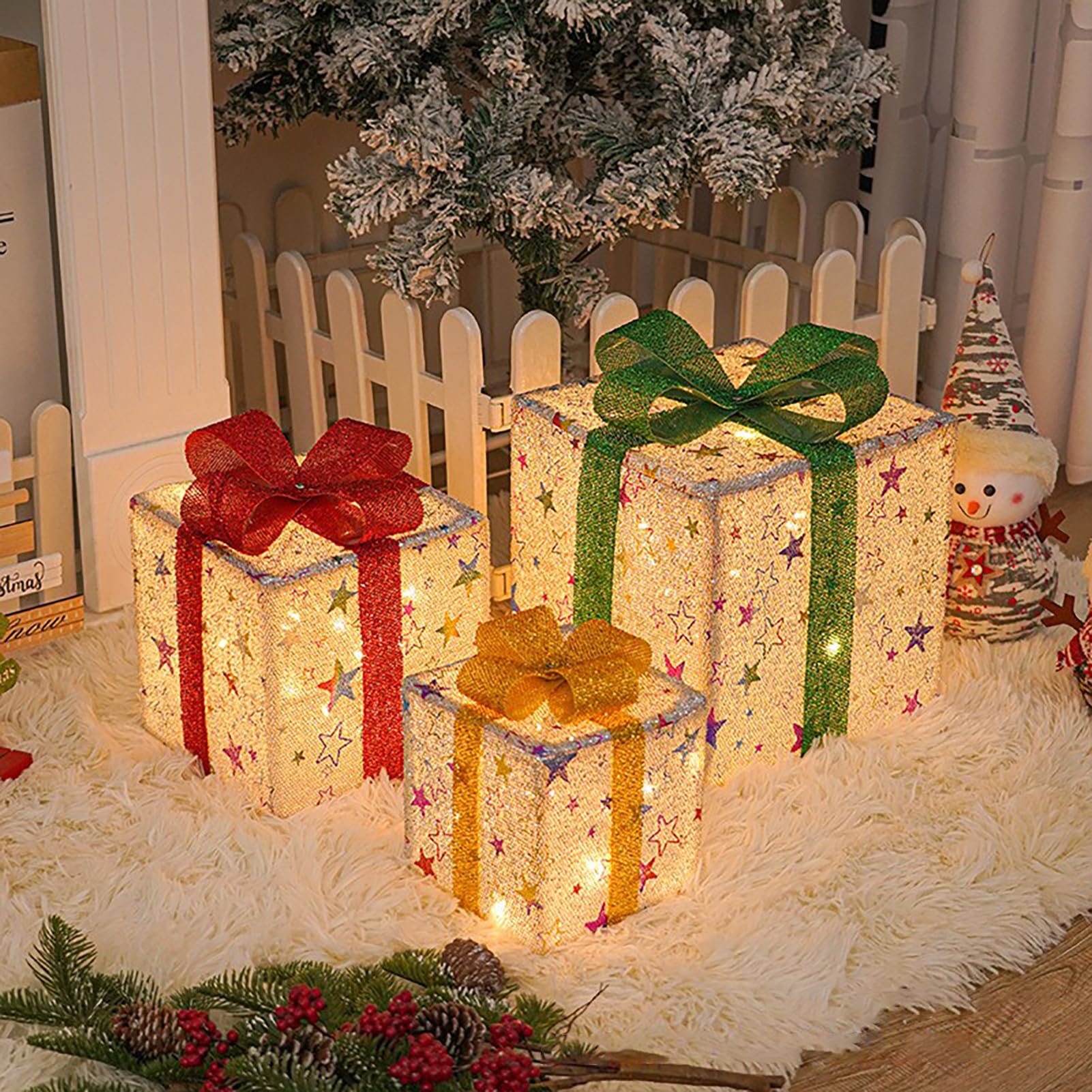 Mokylor Juego de 3 Cajas Iluminadas de Navidad con Lazos, Cajas de de Navidad Preiluminadas, Adornos de Luces Navideñas, Decoración para árbol de Navidad, Hogar, Fiesta,