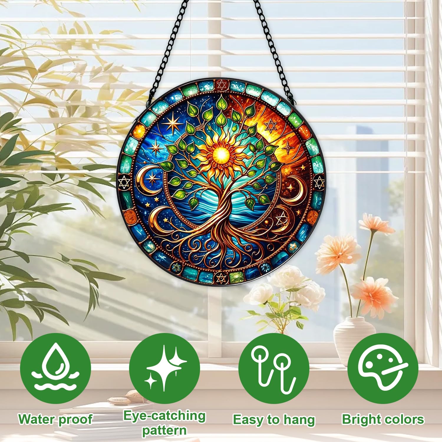 2pcs Attrape-Soleil en Vitrail à Suspendre, 20cm Attrape Soleil Vitrail Arbre de Vie, Attrape-Soleil Colibri, Attrape-Soleil en Acrylique avec Chaîne à Suspendre pour Fenêtre, Terrasse, Mur, Jardin - 5