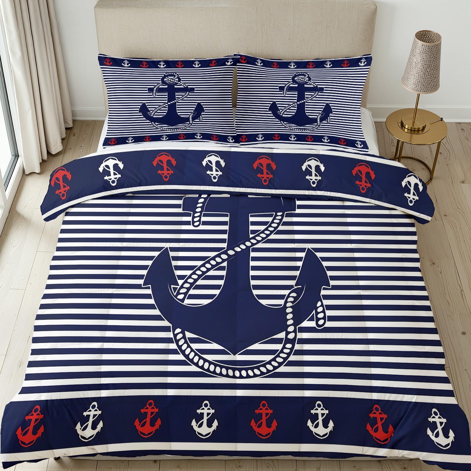 Nautischer Anker Bettdecke Ohne Bezug - Blau Weiß Streifen Bettdecke 220x240 mit 2 Kissenbezug 80x80 cm - Waschbare Bettdecken Weich für 4 Jahreszeiten Duvet mit Reißverschluss