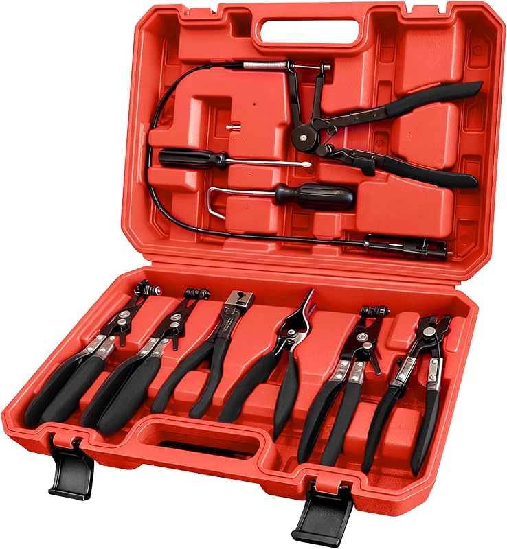 9Pcs Hose Clamp Pliers Set for Coolant/Fuel/Oil/Water Hoses | Flexible 24" Long Wire Spring Hose Clamp with Swivel Jaw, Clic-R Type Pliers, Hose Remover & Flat Band Clamp Tool, Red Case