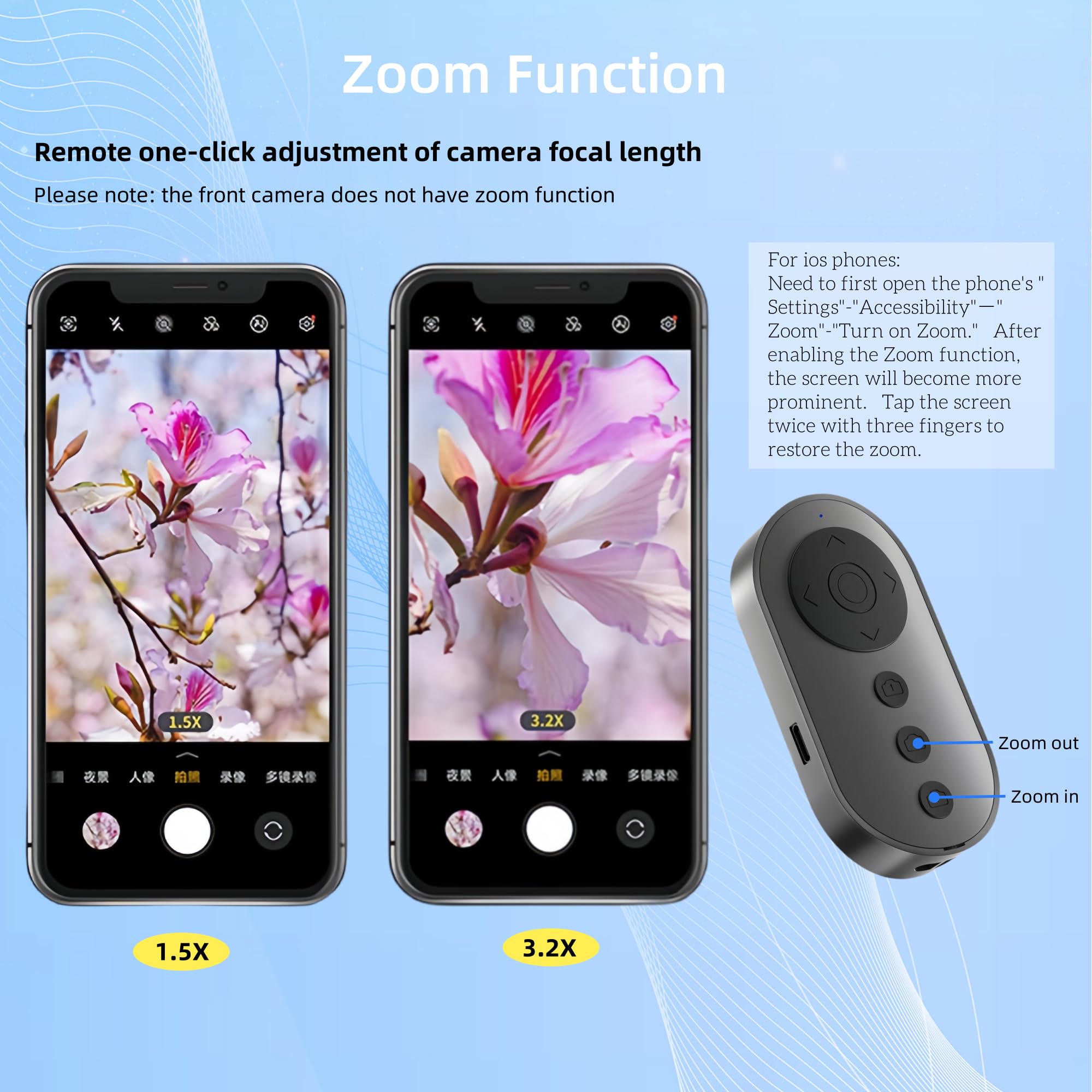 Déclencheur de caméra Bluetooth avec zoom, interrupteur avant/arrière, rechargeable pour iPhone et Android