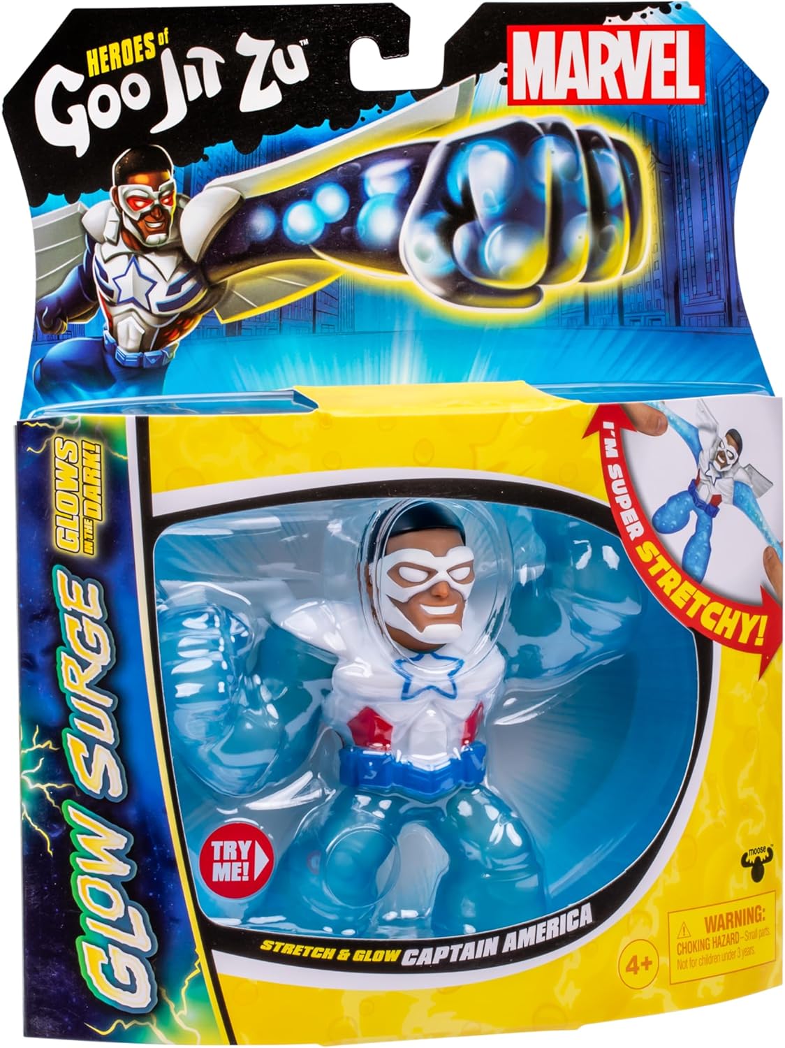 Heroes of Goo JIT Zu Glow Surge, Stretch and Glow Sam Wilson, Super Stretchy Goo Filled Marvel Superhero Captain America Sam Wilson with The Power to Glow-in-The-Dark, Stretch Him 3 Times his Size