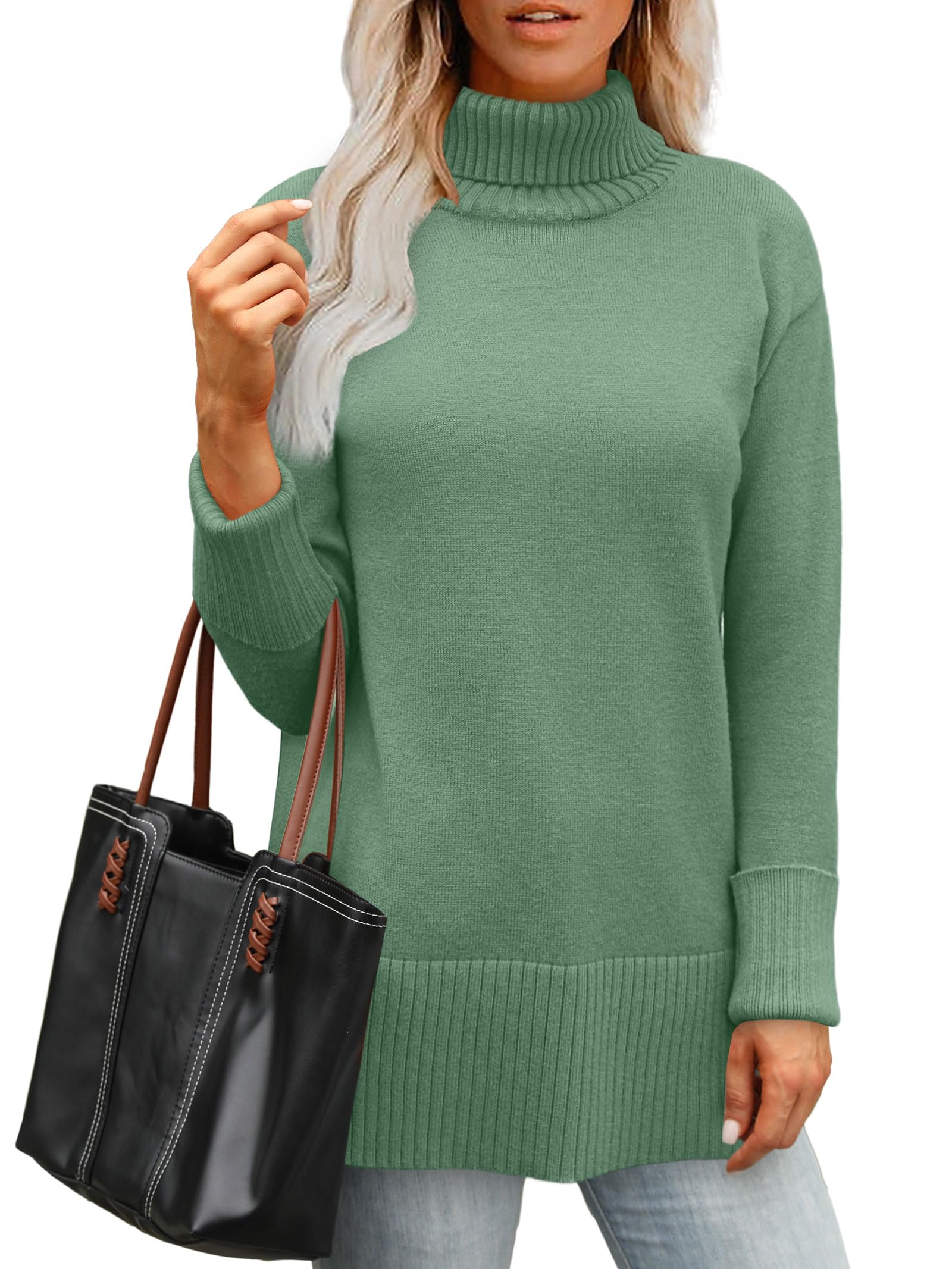 Glanzition Sweaters for Women Turtleneck Side Split Oversized Pullover Tops