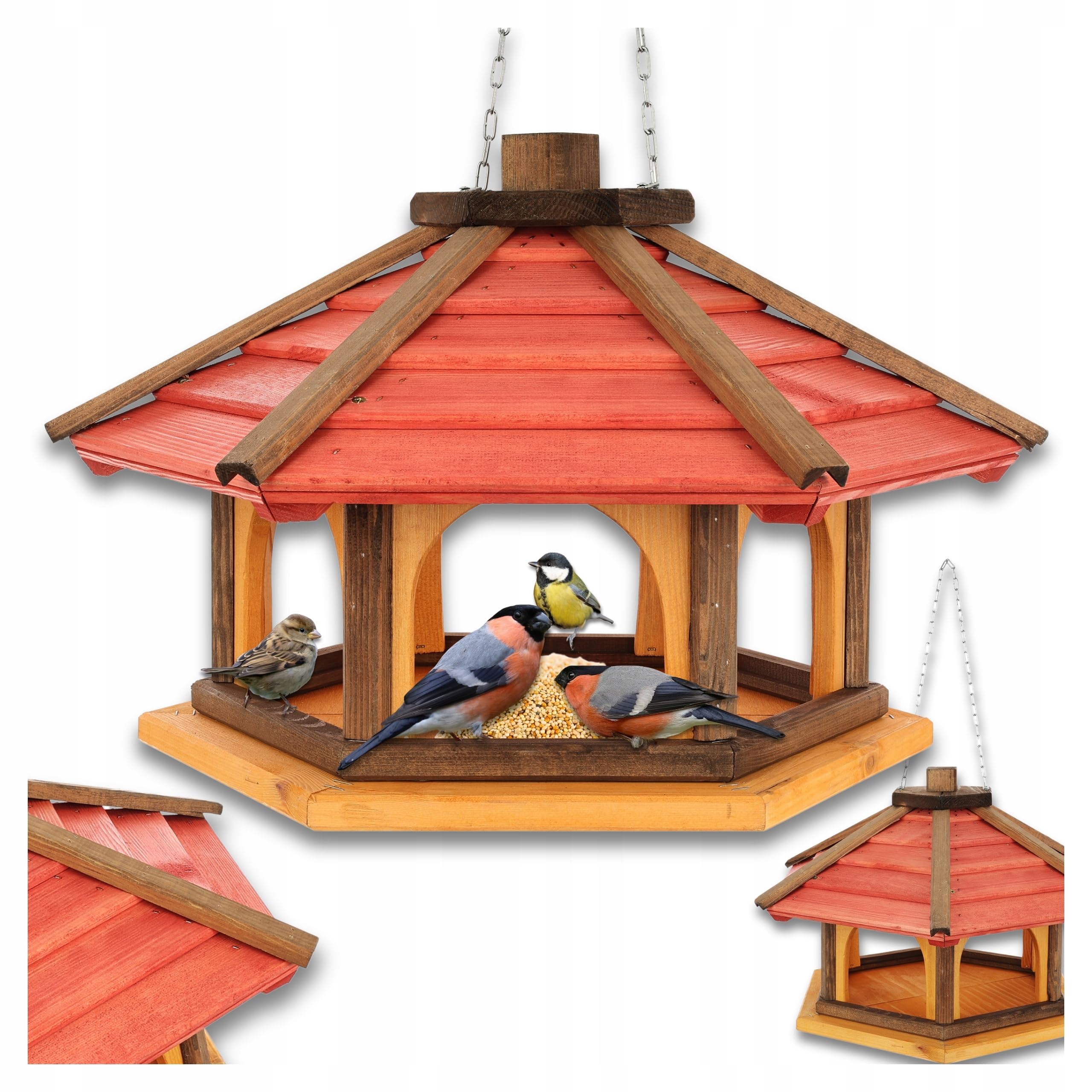 MAZUR Vogelfutterhaus mit Kette 47x31x66 cm Holz Rote Futterhütte zum Hängen im Garten, Hängen Wildvögel für Balkon, Wetterfest