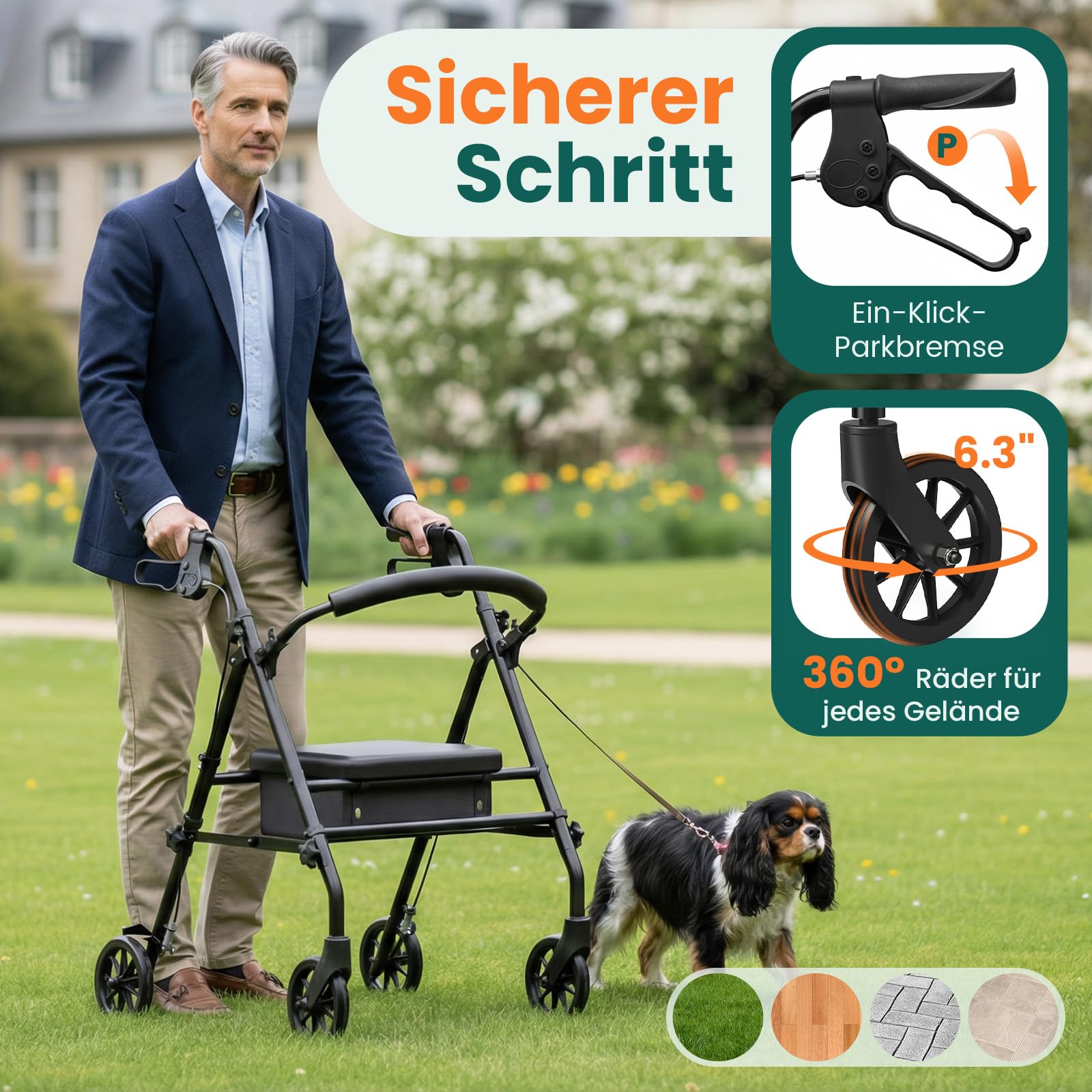 Rollator mit Sitz und Stauraum – leichter, faltbarer 4‑Rad Gehwagen mit Rahmen für Senioren und mobilitätseingeschränkte Personen, für Innen‑ & Außenbereich, Schwarz