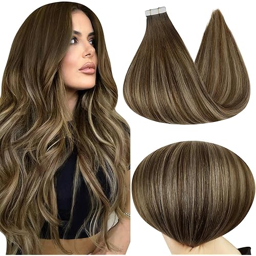 Full Shine Invisible Tape in Hair Extensions Human Hair 18 Inch Tape ins Brown Extensions Color 4/24/4 Balayage Hair Extensions Real Human Hair Seamless Tape ins Human Hair Extension 50Gram 20Pcs