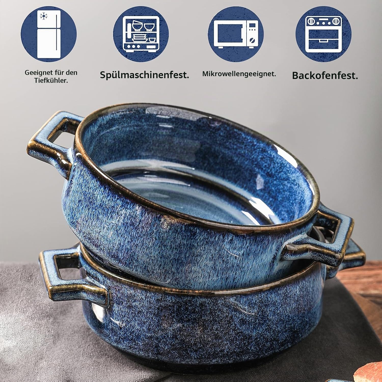vicrays Suppenteller aus Keramik, mit Griffen, 680 ml, Suppenteller aus Porzellan, für französische Zwiebelsuppe, Müsli, Rindfleisch, Eintopf, Chill, Pasta, Topfkuchen