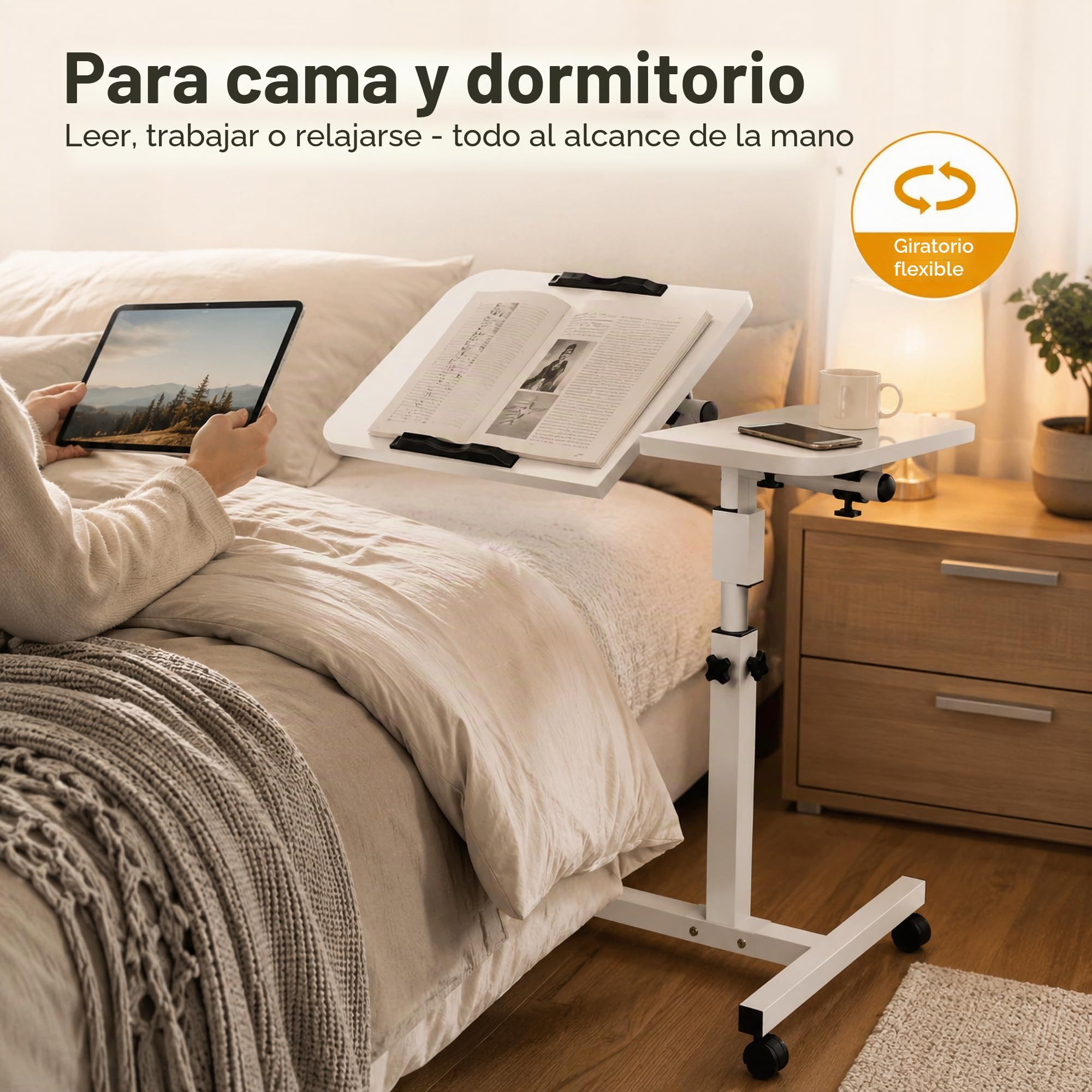 Mesa Auxiliar Plegable con Ruedas, 60 X 40 cm, Blanca | Altura 60–95 cm, Giro 360° y Frenos, Para Cama, Sofá, Madera y Marco Metálico