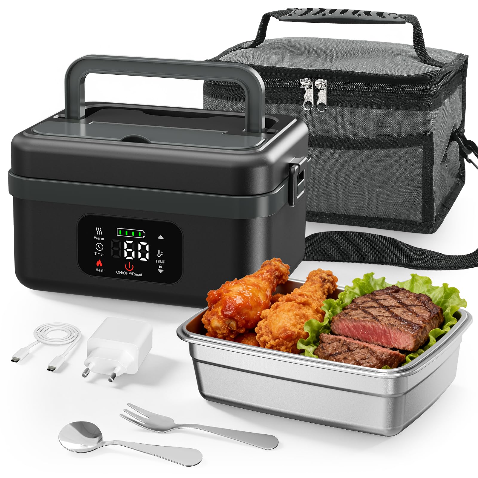 Scaldavivande Elettrico Portatile 1L con Temperatura e Tempo Regolabili, Scaldavivande a Batteria Ricaricabile con Display LED Scaldavivande Portatile con Ufficio Viaggio Esterno（nero grigio）