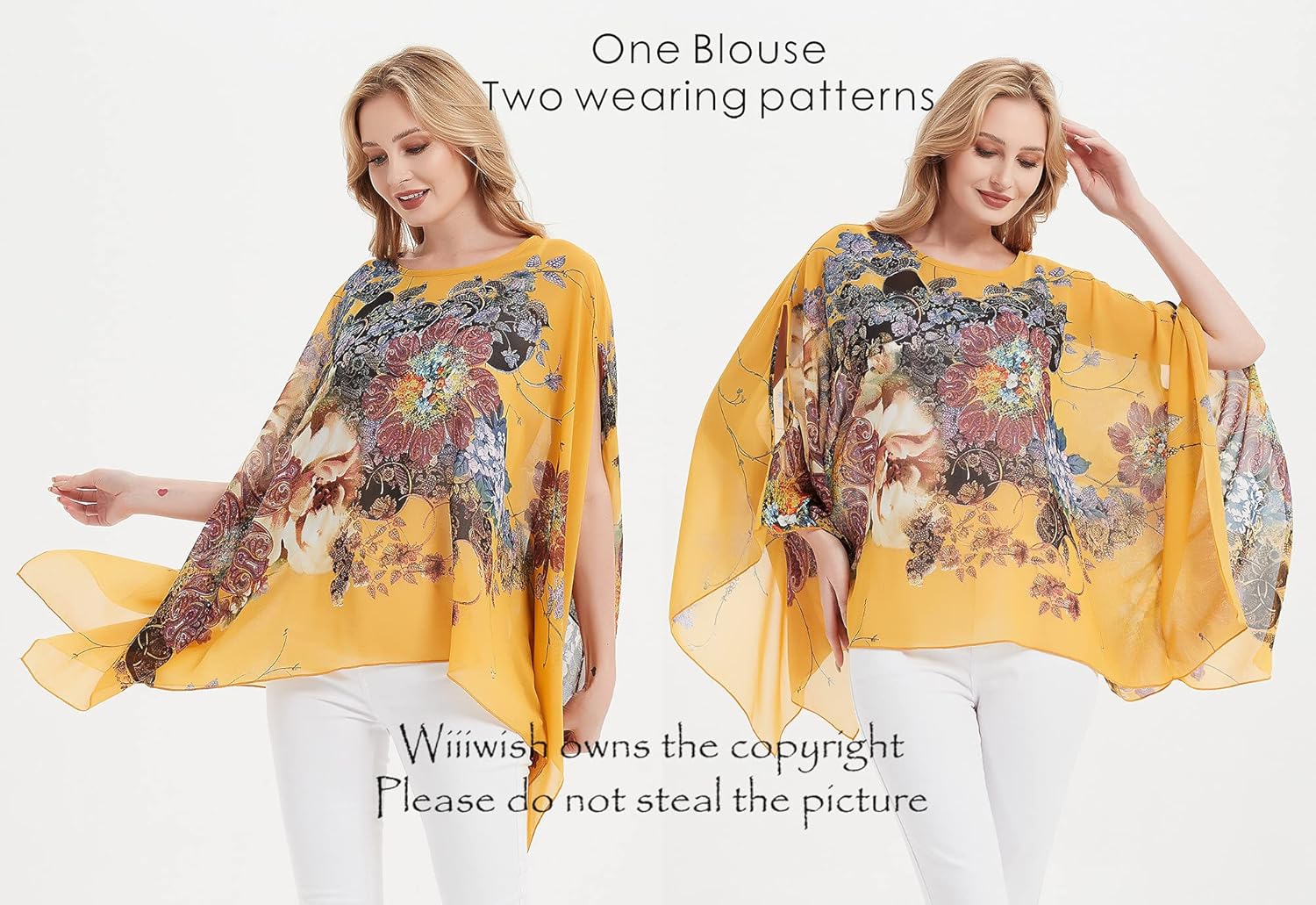 Wiiiwish Women's Floral Chiffon Blouse Batwing Summer Hippie Sheer Loose Caftan Poncho Tunic Shirt Tops - Image 2