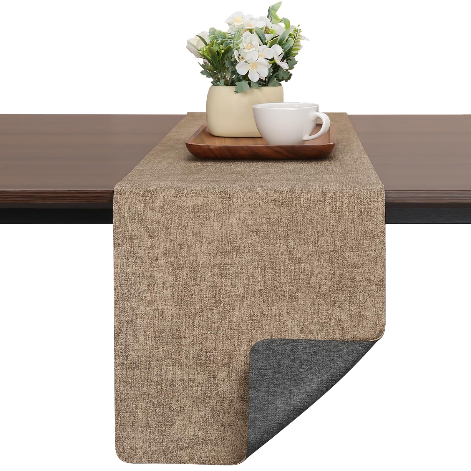 Chitomars Modern Tischläufer aus Kunstleder, Doppelseitigen rutschfest Hitzebeständig Abwaschbar Outdoor Tischläufer für Hochzeit Geburtstag Party Tischdeko(Grau Beige,30x183cm)