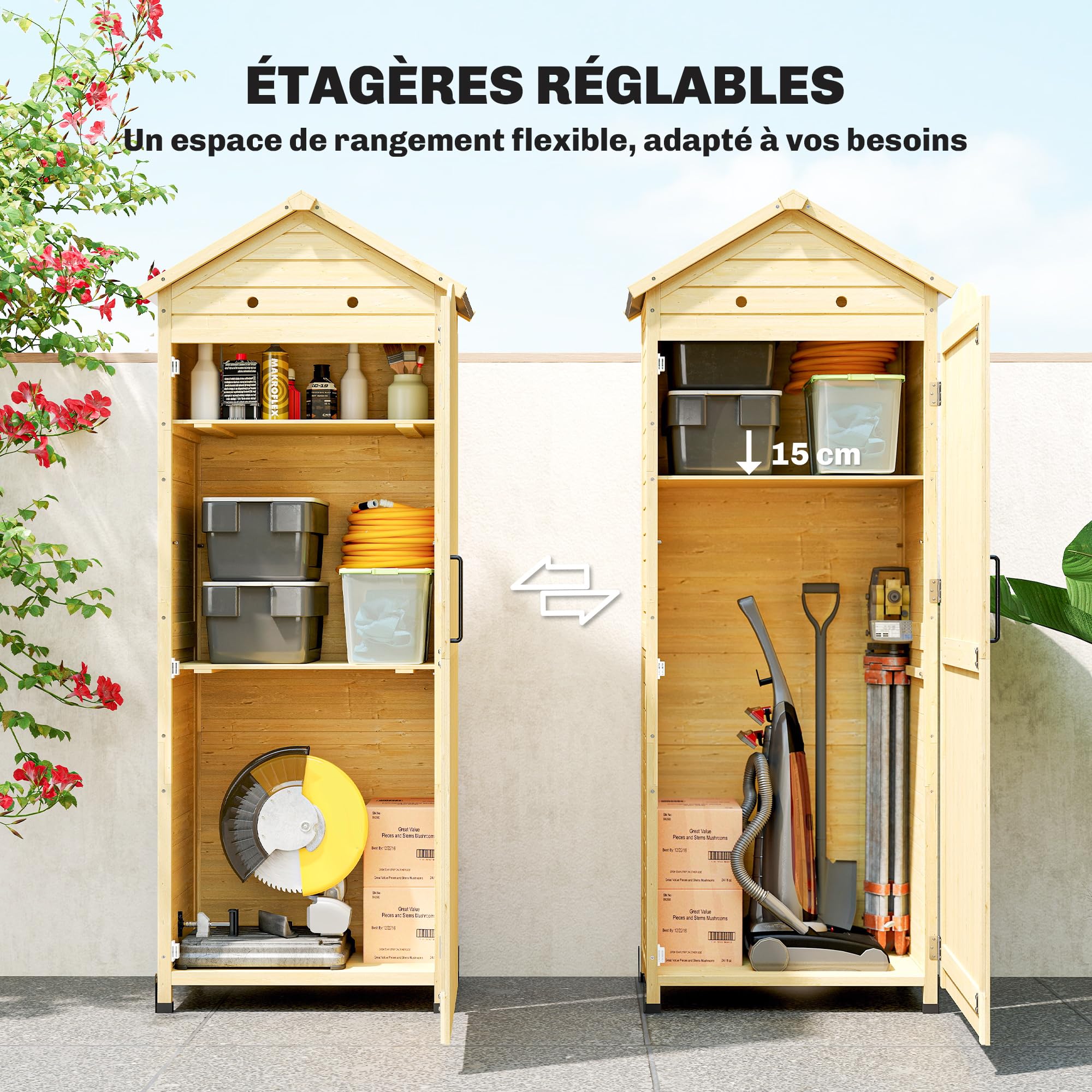 Outsunny Armoire de Jardin en Bois 213cm de Haut pour Terrasse Bois Naturel | Abri de Jardin, Toit en Métal Galvanisé, Remise à Outils à Long Manche, Texture Gaufrée, Étagères Réglables