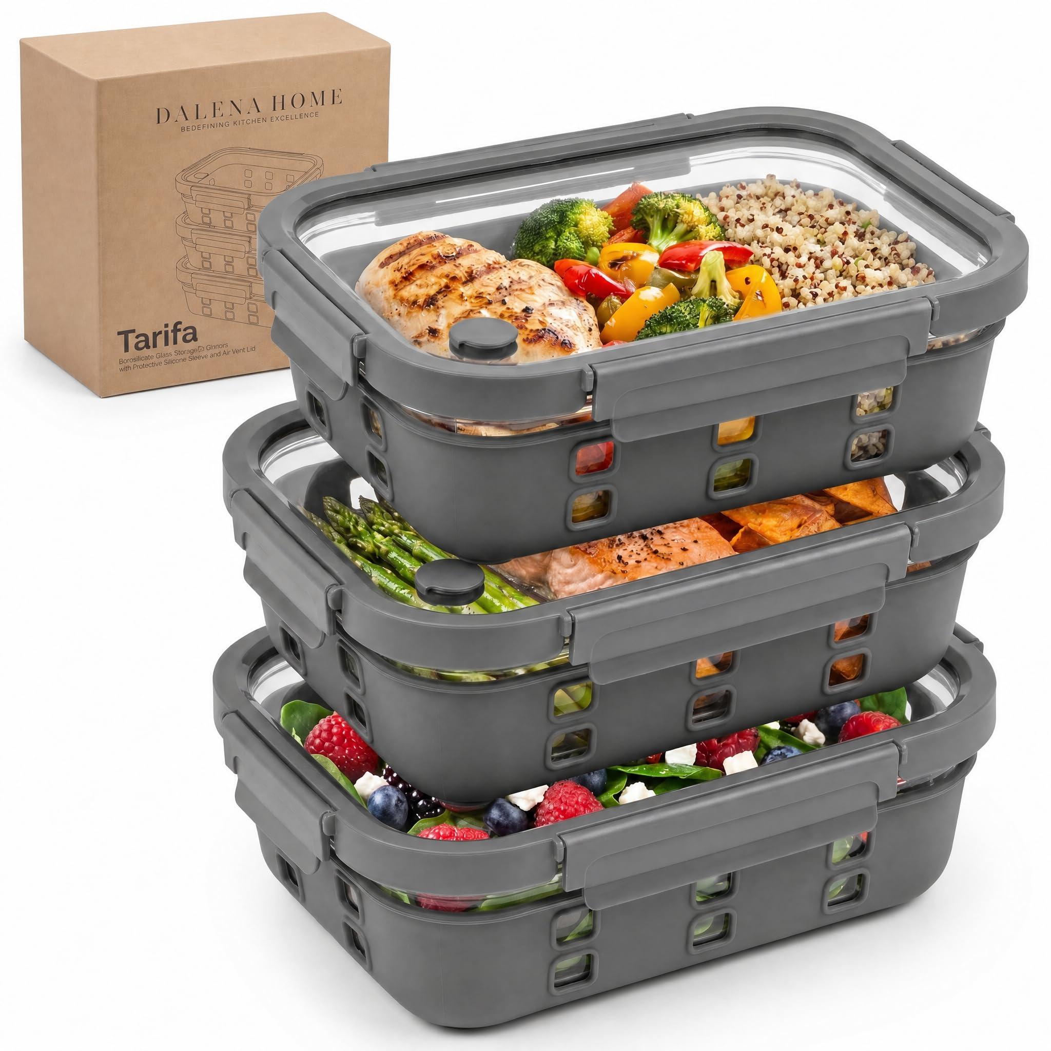 Zestaw Pojemników Meal Prep 3x1520ml – Szkło borokrzemowe, szczelne, piętrowe, mikrofalówka z zaworem parowym, silikonowa powłoka antyuderzeniowa