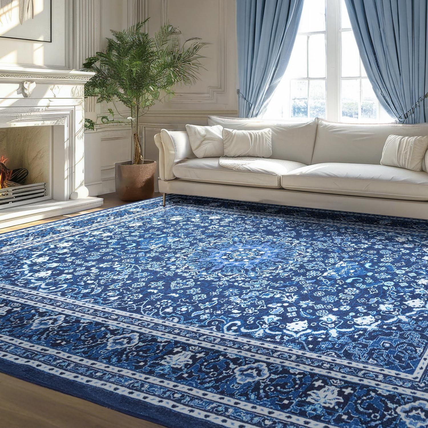 Lessymo Area Rugs 10 x 14 for Living Room, Machine Washable Area Rugs Boho Faux Wool Low Pile Area Rug for Bedroom, Floral Medallion Vintage Rugs with Non-Slip Rubber, Kid & Pet Friendly,Blue White Blue White 10' x 14' (Rectangular)