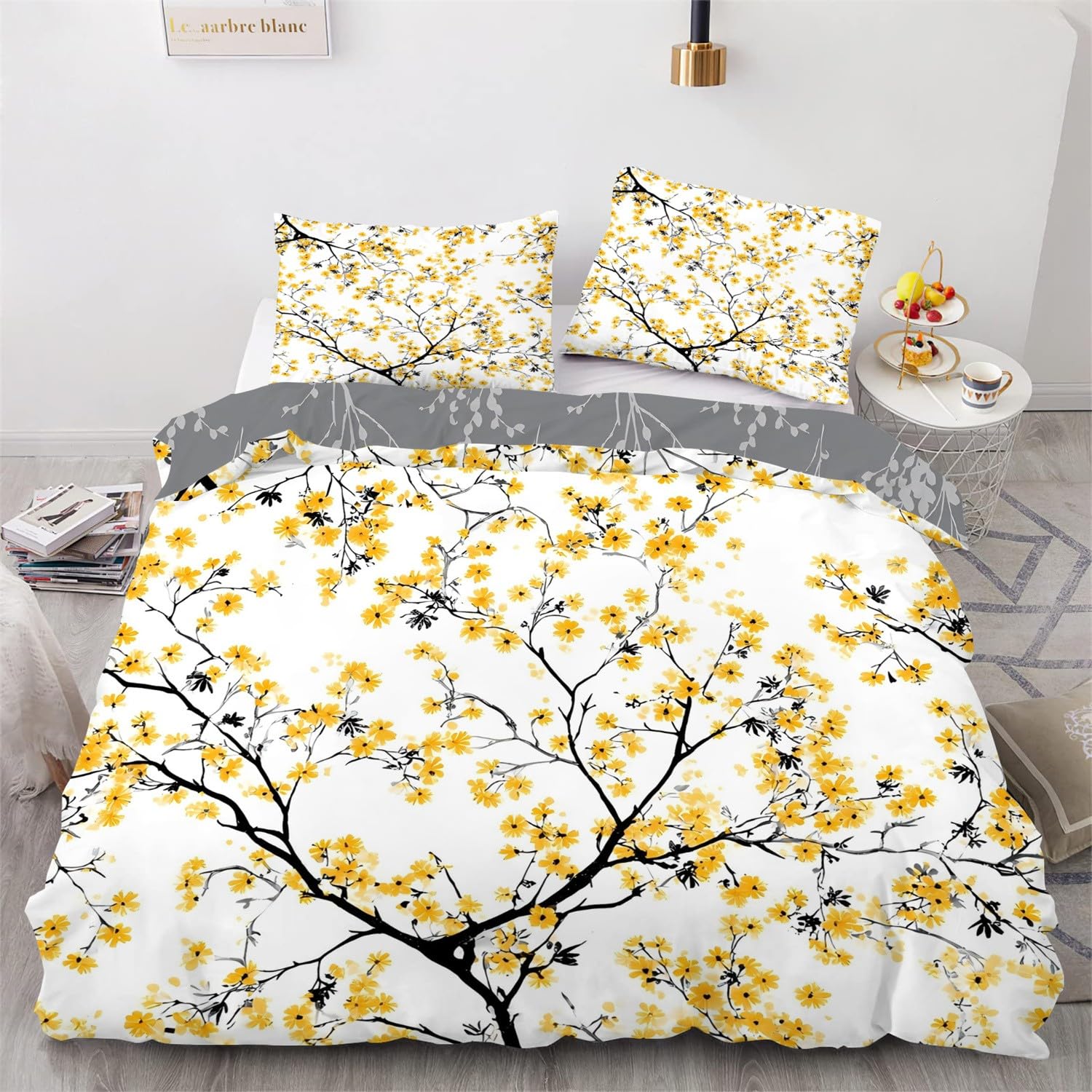 Housse de couette 200x200 jaune réversible motif fleur de prunier avec taies 65x65 D8