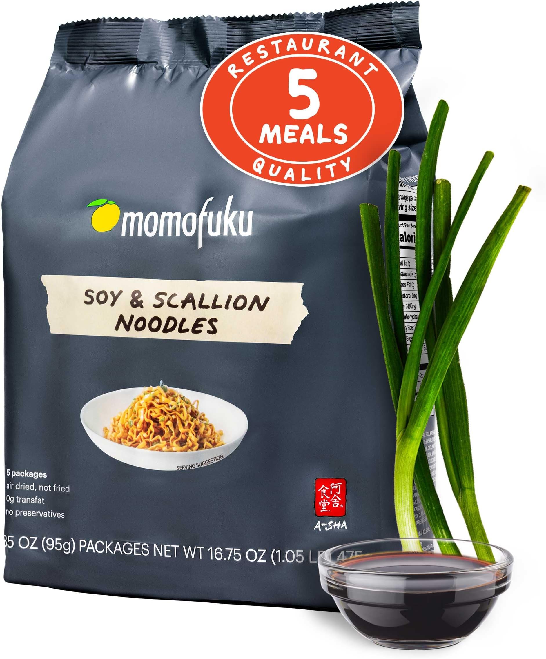 Soy & Scallion Ramen Noodles by David Chang, 5 Count (Pack of 1) Air-Dried Vegan Instant Noodles with 11g of Plant Based Protein