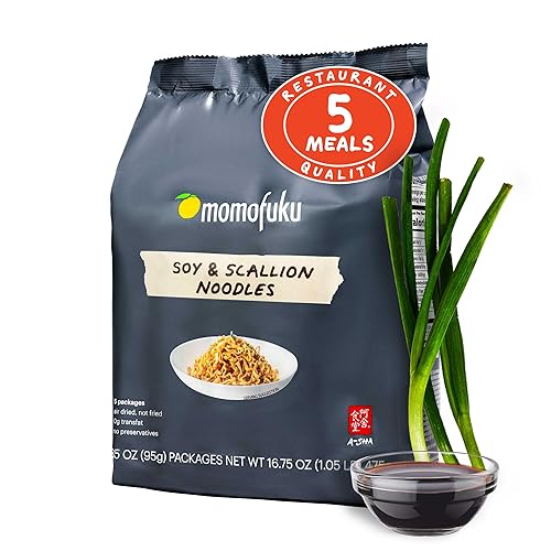 Momofuku Soy & Scallion Ramen Noodles by David Chang, 5 Count (Pack of 1) Air-Dried Vegan Instant Noodles with Sauce - Soy & Scallion - 16.75 Ounce (Pack of 1)