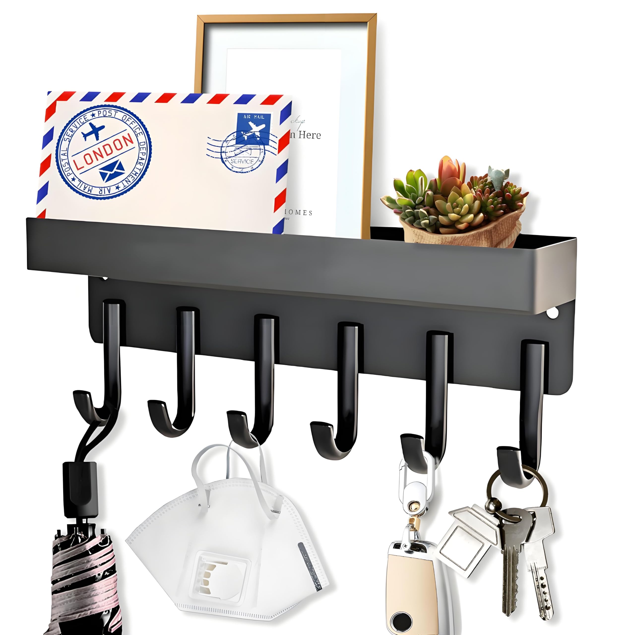 Colgador llaves Pared, Porta Cuelga llaves Pared Entrada, Sin Necesidad de Perforar con 6 Ganchos para Almacenamiento de Llaves y Organización en Cocina, Pasillo, Key Holder for wall, Negro