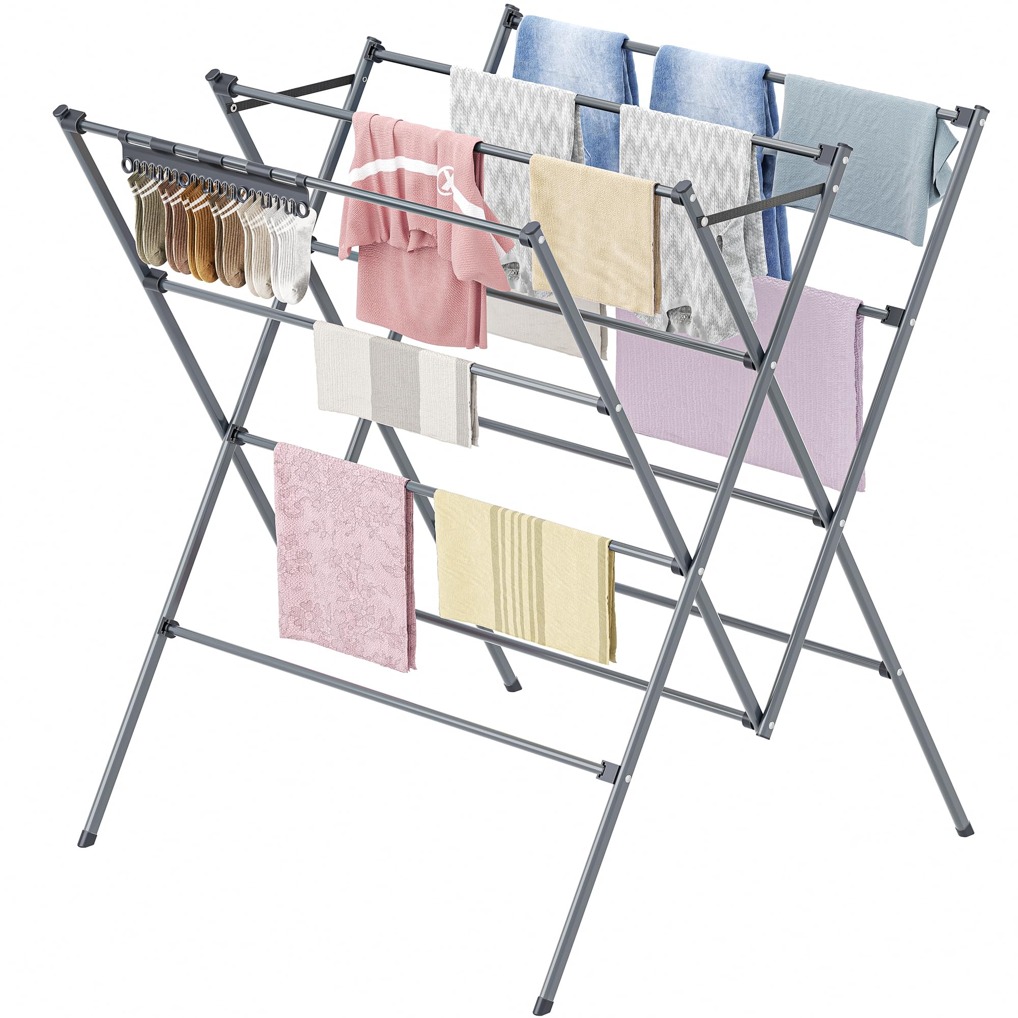HOMIDEC Clothes Airer, Foldable Clothes Drying Rack with Sock Clips, Space Saving Clothes Horse, Stainless Steel Laundry Drying Rack Airer for Indoor Outdoor Use, Grey — image 1