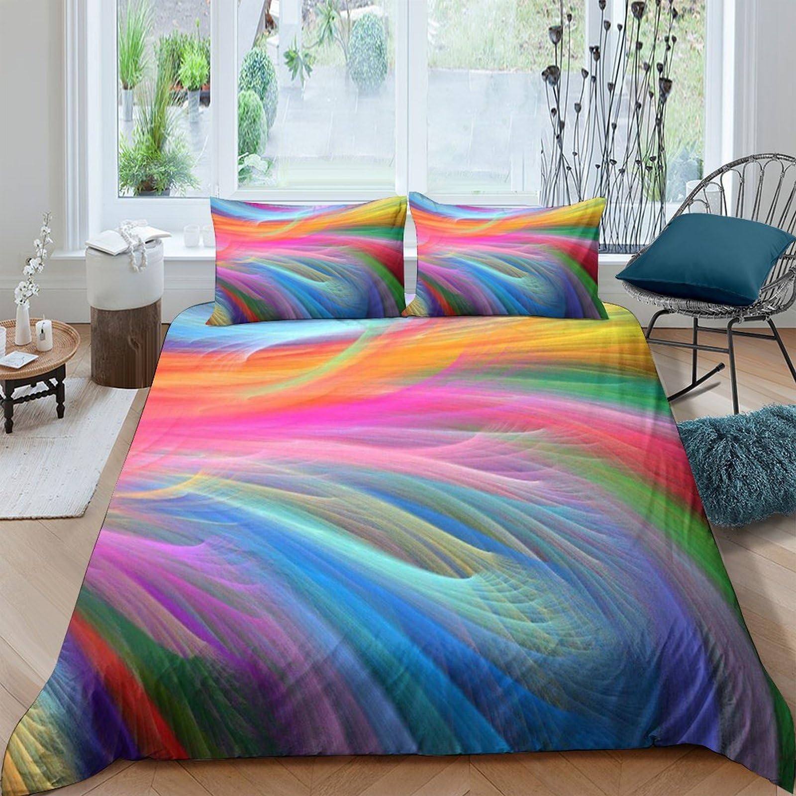 Ctjqhvkz Style-4 3D Printed Rainbow Swirl Fitted Sheet Microfiber Soft Breathable Abstract Waves Mattress Cover For Bedroom Dorm Decor Single（135X200cm）