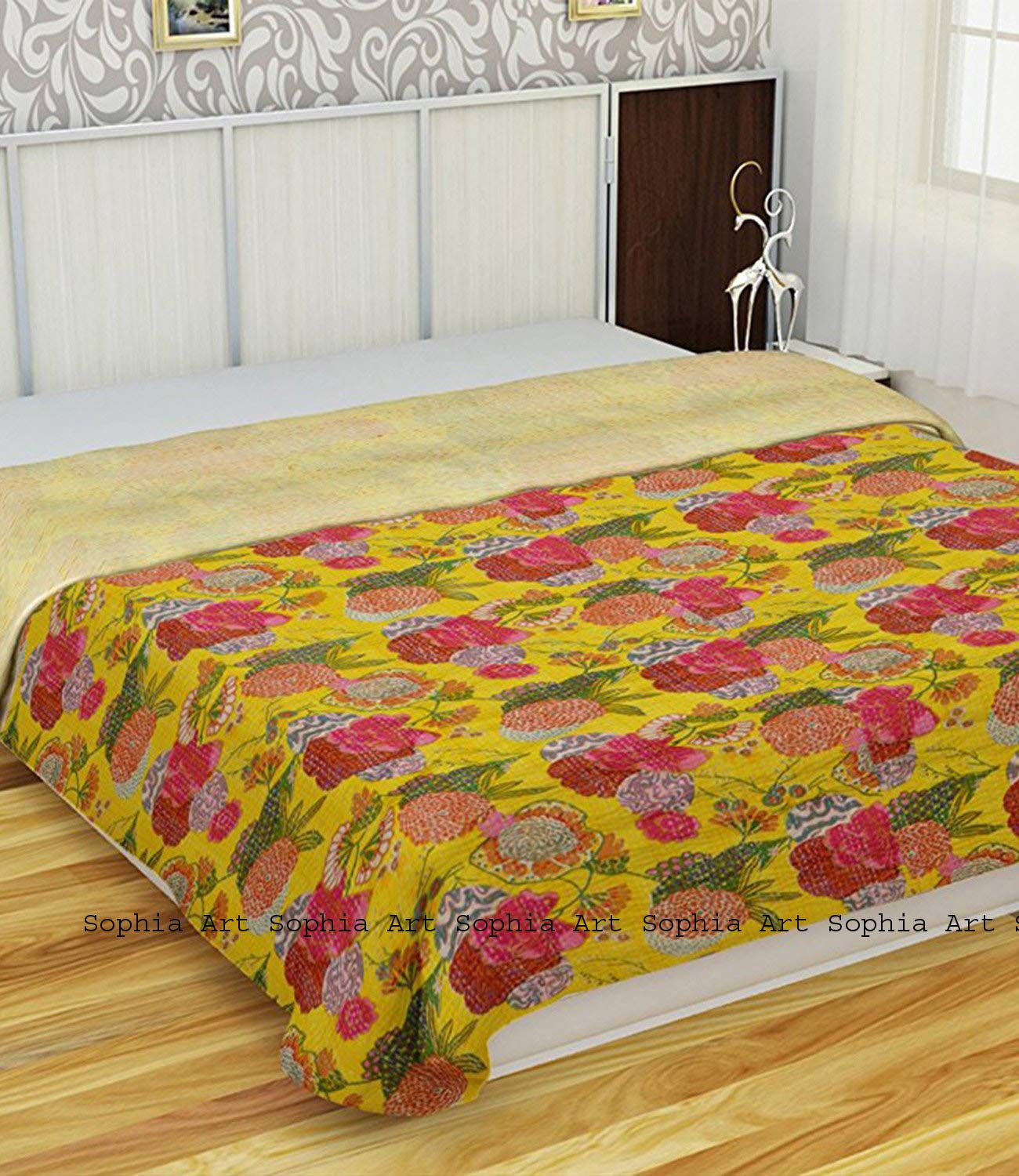 Couverture De Lit En Coton Kantha Fait Main Avec Motif De Fleurs Queen
