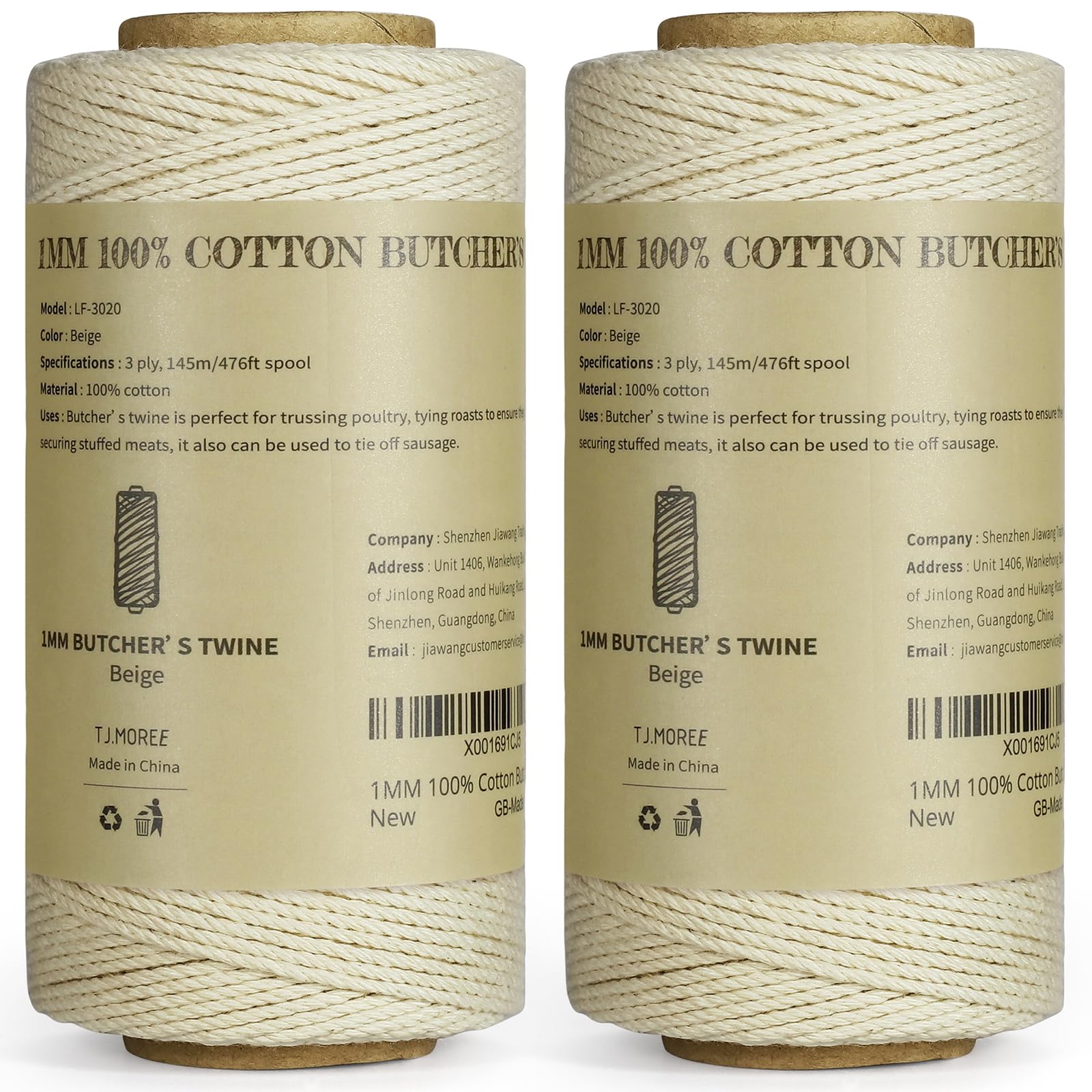 TJ.MOREE - Cuerda para carniceros, 3 Capas, 200 m, Apta para Alimentos, de algodón, para cocinar, Carne, Cuerda, 1 mm, para Hacer Manualidades, Apta para empacar Salchichas y Decorar Manualidades