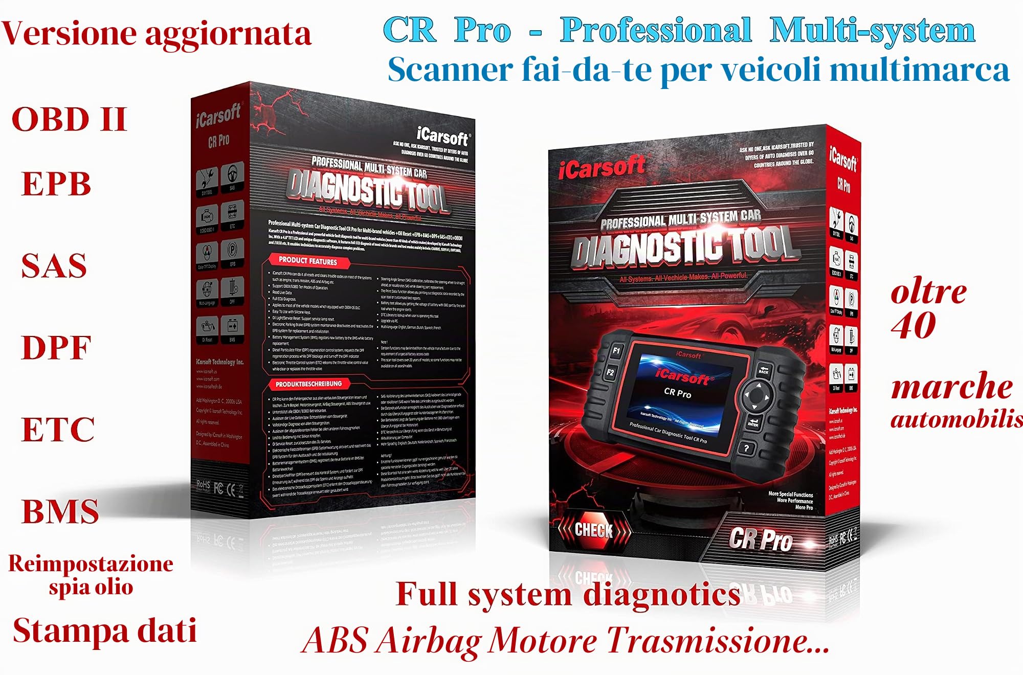 iCarsoft CR PRO Profi all-in-One - Dispositivo di diagnosi per Oltre 40 Marche di autoveicoli OBD 2, Set da 5