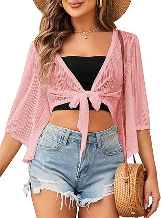 ZAFUL Women's Cropped Bolero Sheer Shrugs for Dress Short Sleeve Tie Front Cardigan
