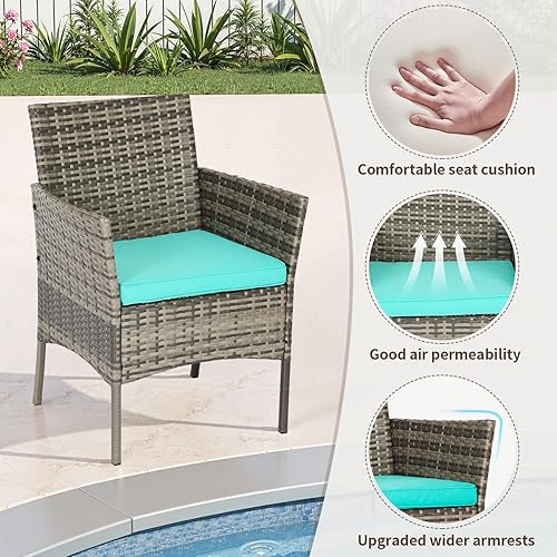 Miniatura 24 de FDW Juego de 3 sillas de mimbre marrón para patio, muebles de exterior, 2 sillas de ratán con cojines rojos y mesa de centro de cristal para porche