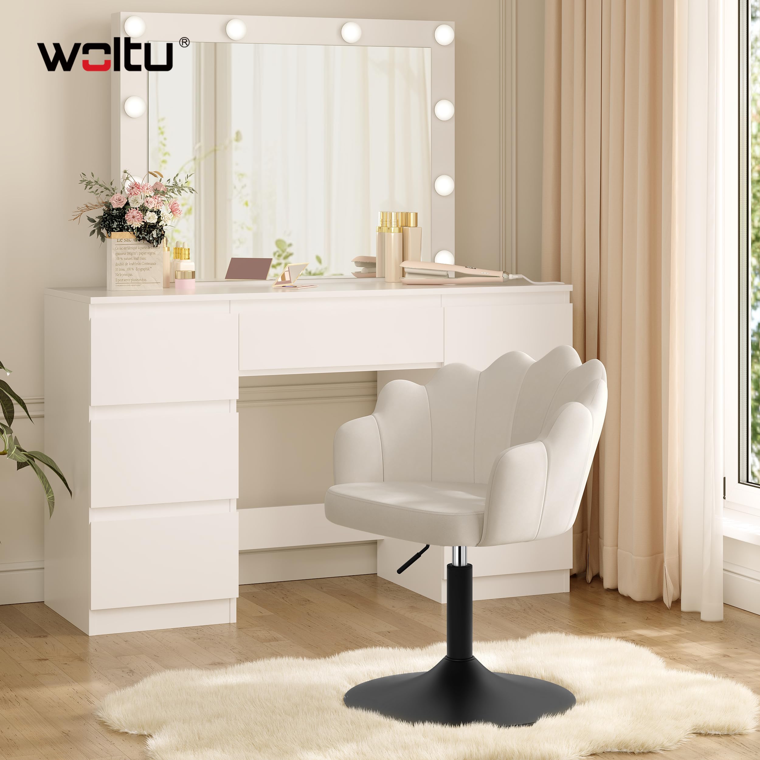 WOLTU Chaise de Coiffeuse, Fauteuil Pivotant en Velours, Fautauil de Maquillage Réglable en Hauteur, Dossier Pétale, pour Salon, Salle à Manger, Chambre à Coucher, Crème