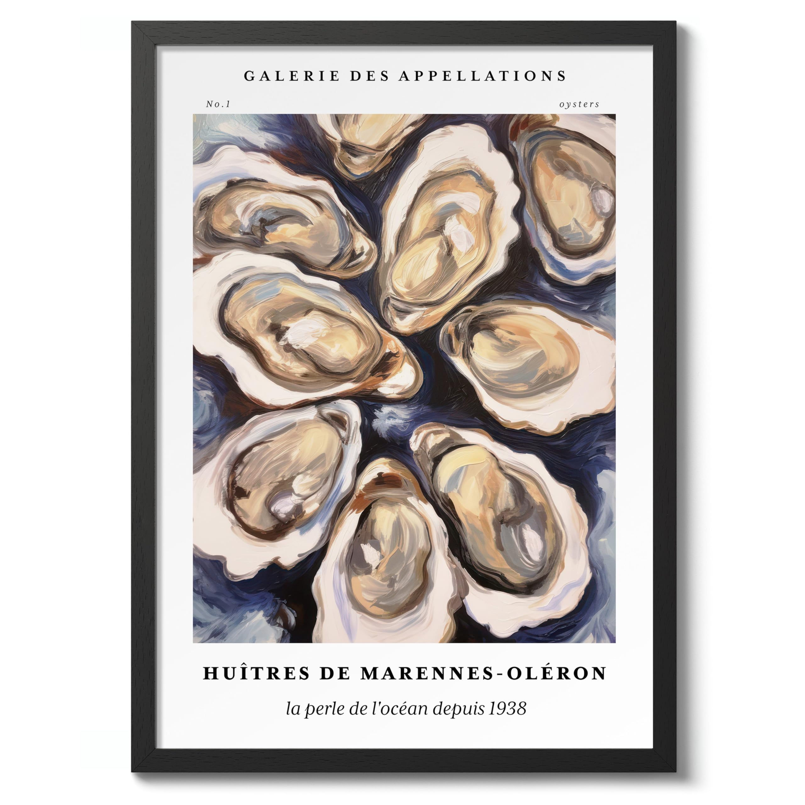 Oysters - Marennes-Oleron Minimalist Abstract Poster Colorful Floral Prints Aesthetic Painting Modern Bedroom Bathroom Wall Decor, Archival Matte, A4 (Black Frame) - 29.7x21cm