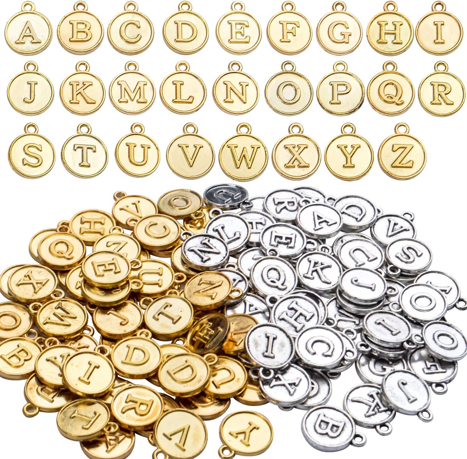 Aylifu 104 pcs A-Z Letter Charms Round Alphabet Charms Pendants for Necklace Bracelet Jewelry Craft DIY,Gold & Silver