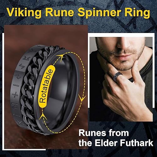 Miniatura 2 de ChainsProMax Anillos giratorios de runa vikinga para hombres y mujeres, tamaño #7-#14 de eslabones de cadena, acero inoxidable, chapado en oro, caja