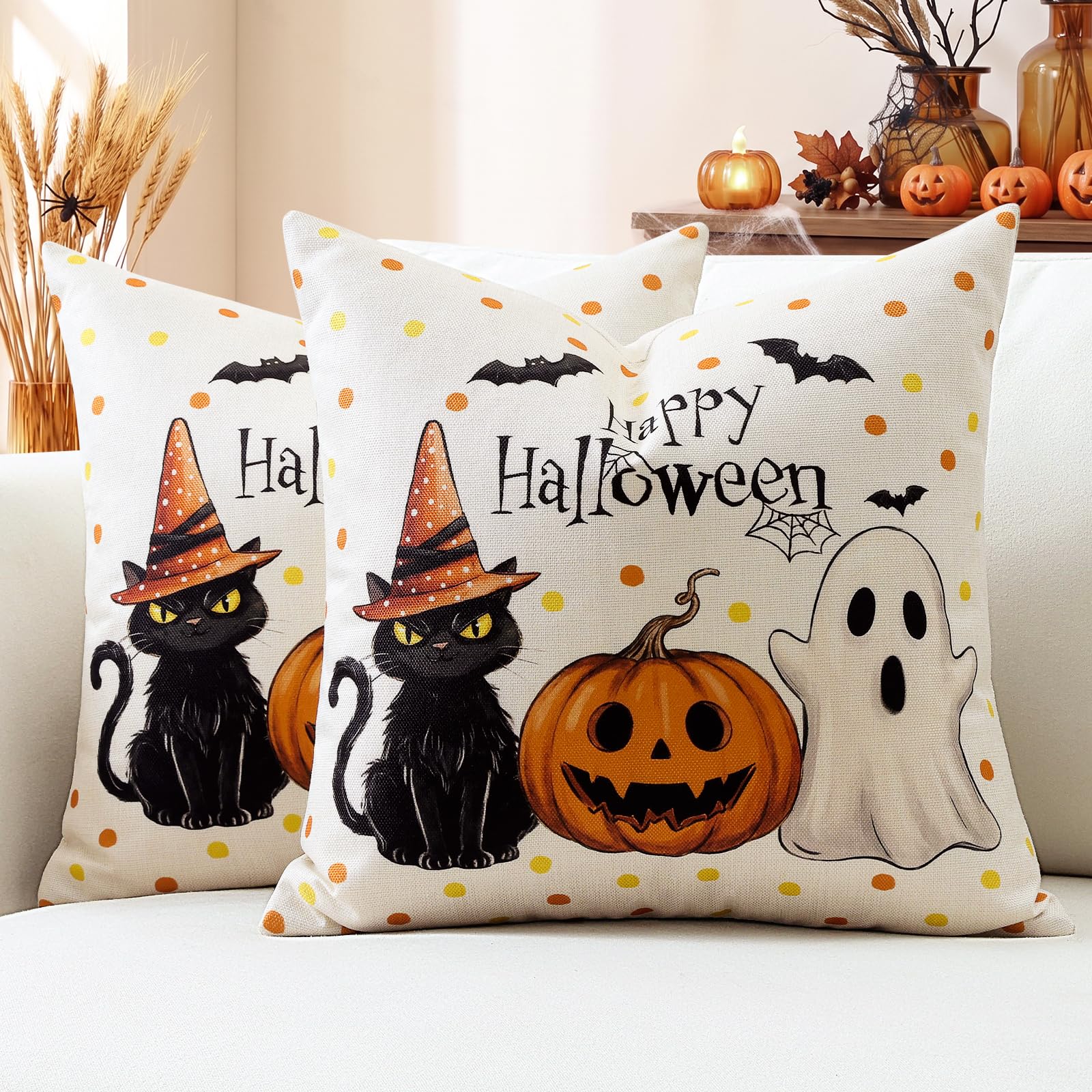 Artscope Halloween Cushion Covers 40x40cm, Set of 2 Autumn Pillowcases Halloween Pillow Covers for Sofa Living Room Holiday Party Fall Decor Black Cat Pumpkin Ghost Bat