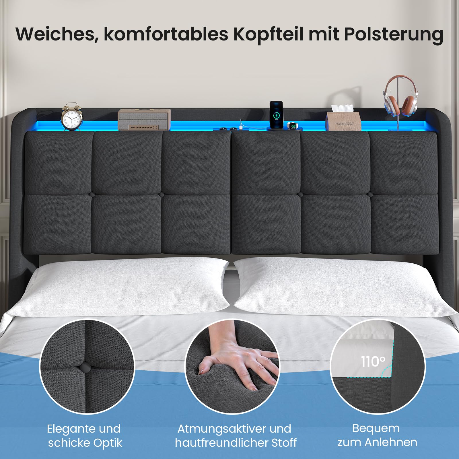 Brinlawb Polsterbett 180x200 mit Bettkasten, Hydraulisch Stauraumbett mit LED-Beleuchtung und Ladestation, Doppelbett 180x200 cm mit gepolstertem Stauraum-Kopfteil und viel Stauraum unterm Bett, Grau