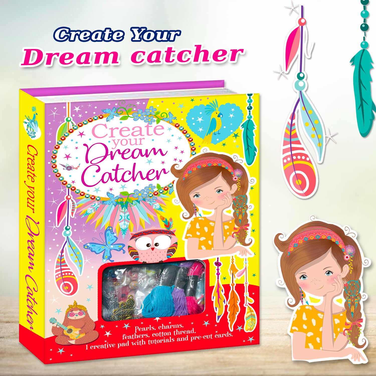 Hello Friend DIY Creative Art and Craft Bracelet Making Kit for Kids, Girls, Boys with 32-Sheet Pad, 3 Color Threads, 60 Colorful Beads, Stickers and Instructions – Ages 3+ Years