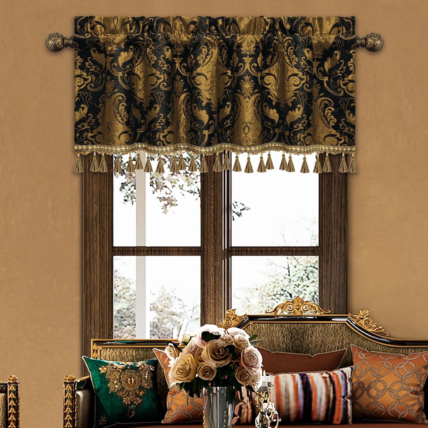 Loom and Mill Luxury Valances for Living Room Window, Classic Damask Jacquard Chenille Window Treatment Valances with Tassels, Rod Pocket Blackout Short Curtain 1 Panel,Halloween Decor(54”x18”, Black)