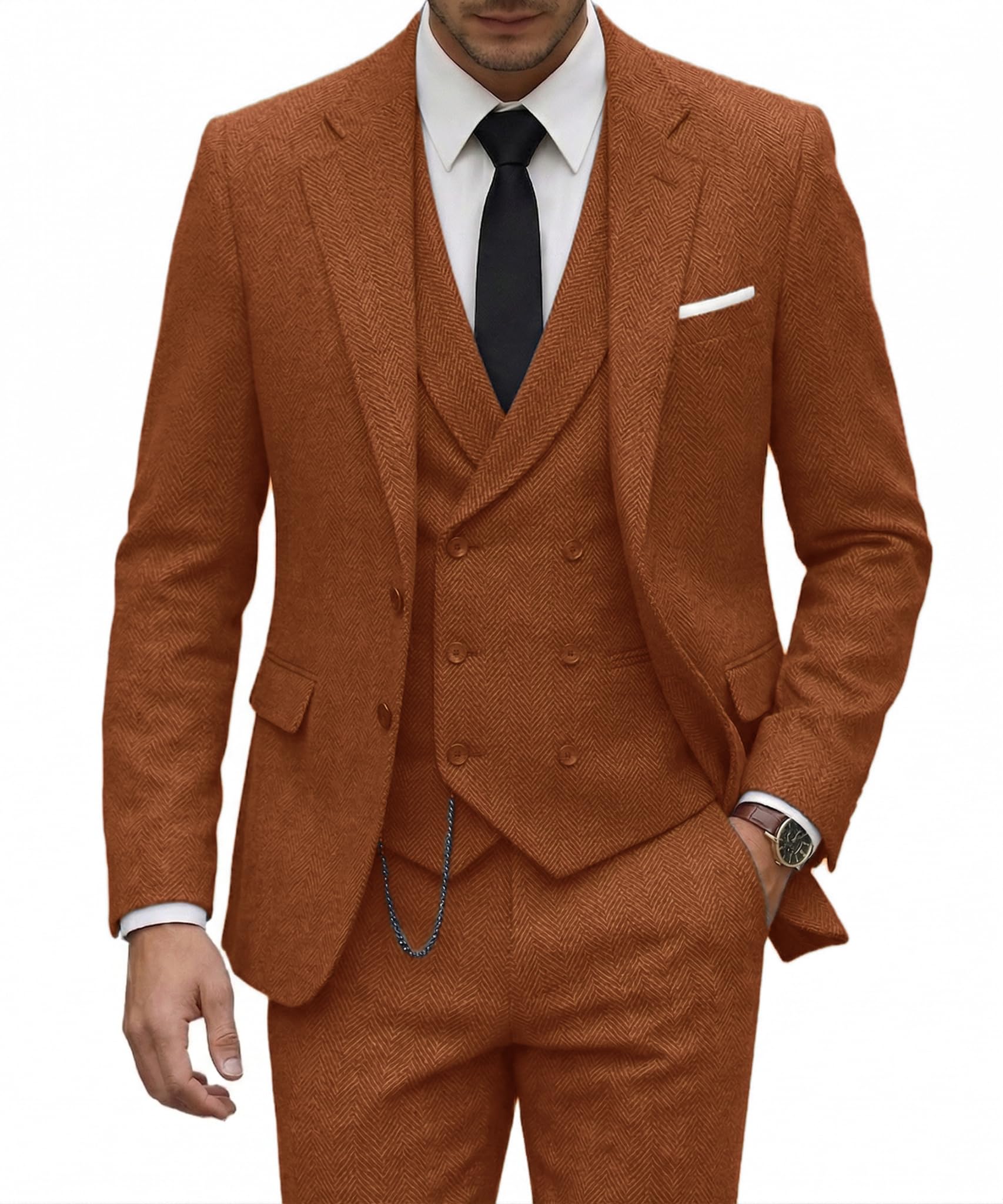 Photo 1 of Men Tweed Suits Blue Slim Fit 3 Piece Herringbone Wool Suit Mens Wedding Groomsmens Prom Party Blazer Vest Pants 3XL