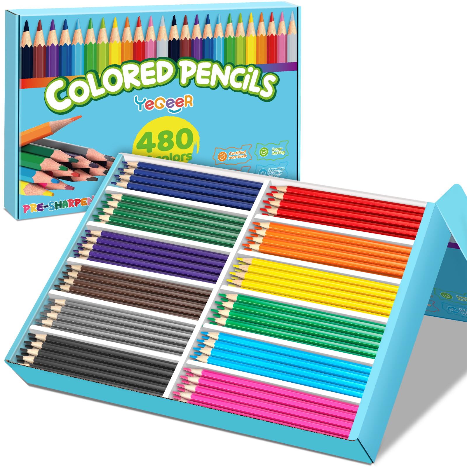 YEGEER Buntstifte, 480 Stück, 12 verschiedene Farben, vorgespitztes Buntstifte-Set für Kinder und Erwachsene, Lehrer, wesentliche Klassenzimmerpreise, Schulbedarf