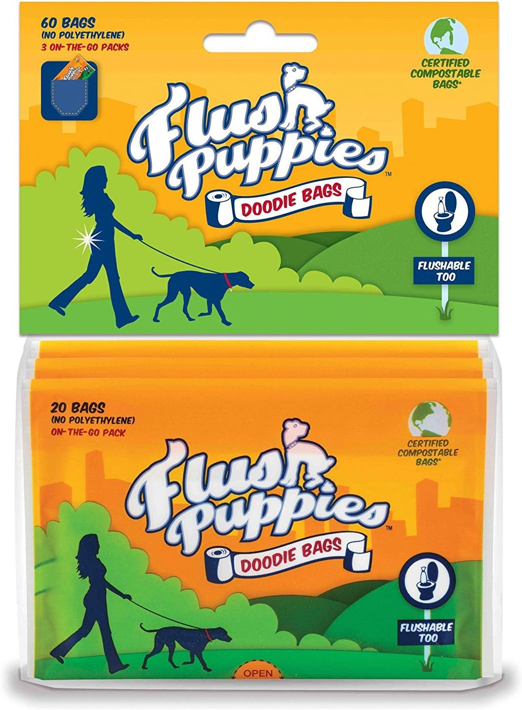Flush Puppies Doodie Bags, Flushable & Certified Compostable, 3 On-the-Go Packs (60 Bags)