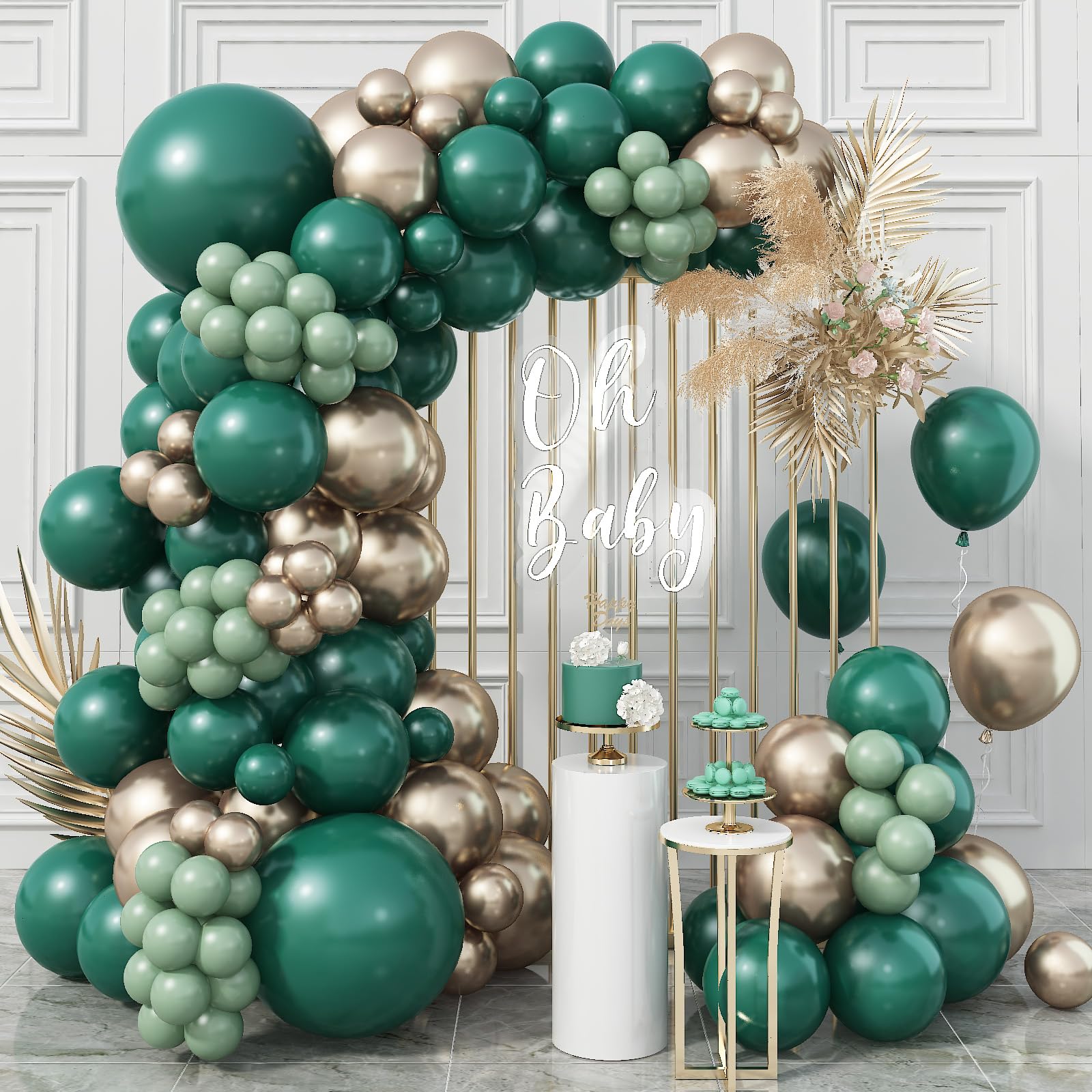 Green and Gold Balloon Arch Garland Kit, Dark Emerald Sage Green Balloon with Metallic Gold Helium Balloons for Forest Jungle Birthday Wedding Graduation Party Decorations