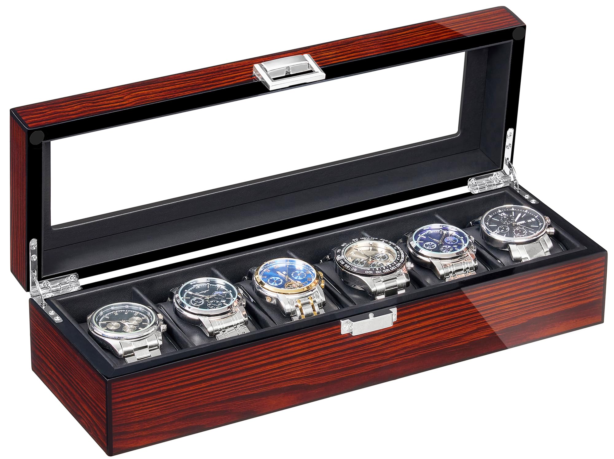 BEWISHOME Watch Box for Men, 6-Slot Wooden Watch Case, Watch Display Case Watch Storage Watch Holder Organizer for Men, Watch Display with Glass Lid, Brown SSH06Y