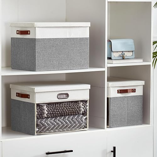 Miniatura 6 de Contenedores de almacenamiento de tela transparente con tapa, caja de almacenamiento para armario, cestas de lino con 3 asas para organizar ropa,